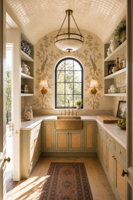 Olive vaulted butler's pantry with brass sink