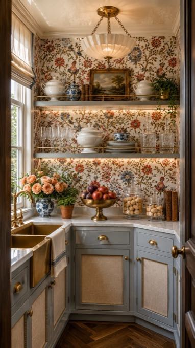 Powder-blue corner pantry with floral chintz