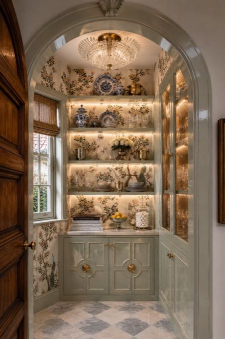 Arched sage pantry with checkerboard marble floor