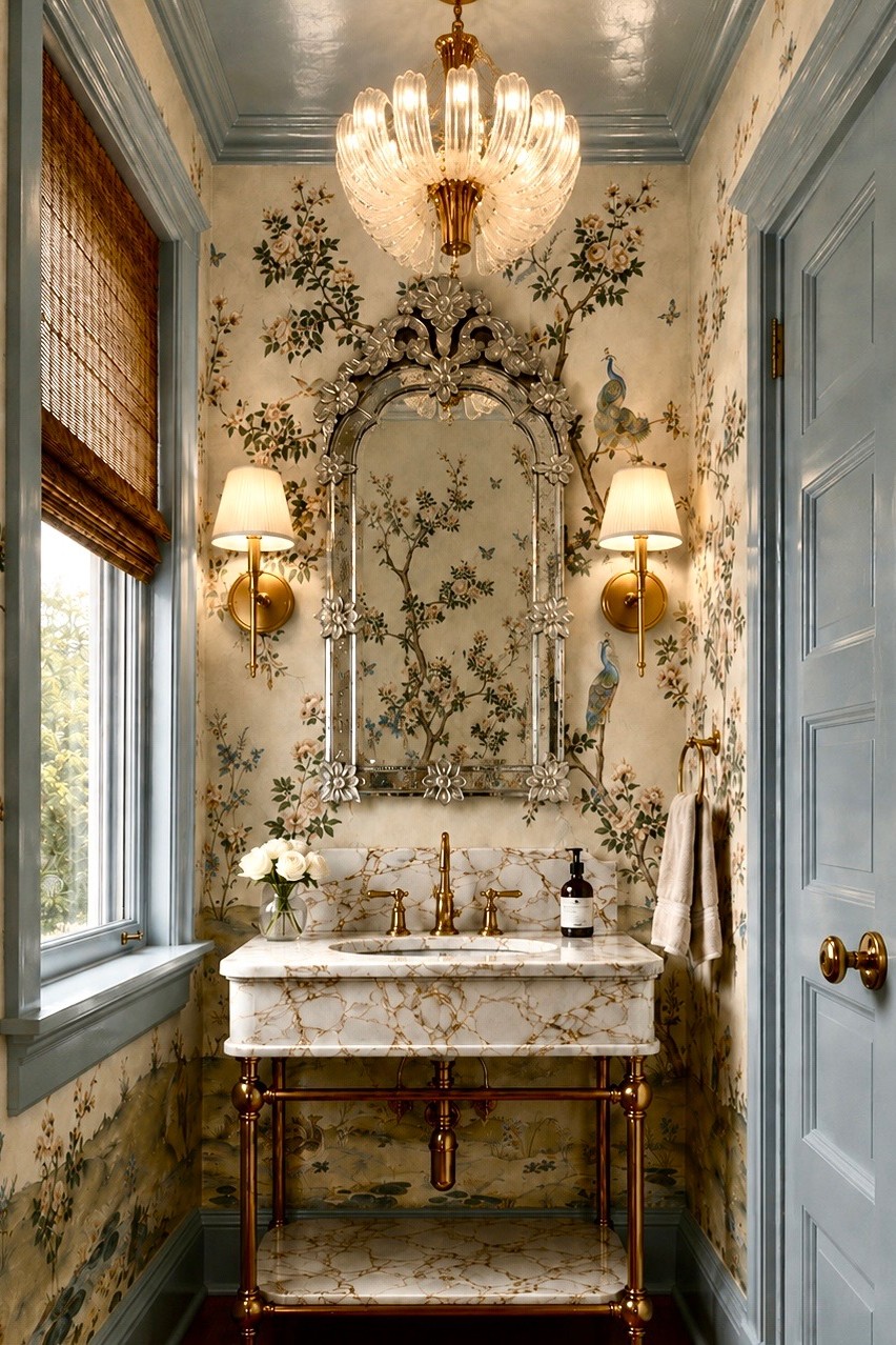 Powder room after — chinoiserie wallpaper with peacocks, Venetian mirror, marble console basin on brass legs