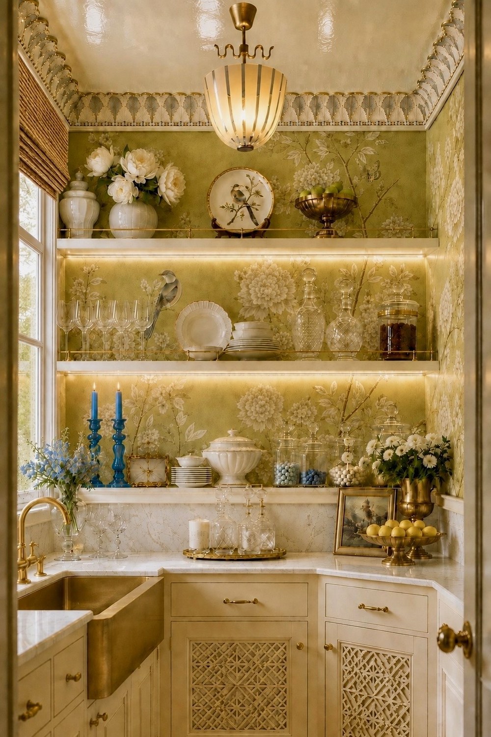 Butler's pantry after — gold chinoiserie wallpaper, lit shelving, brass gallery rails and a brass farmhouse sink