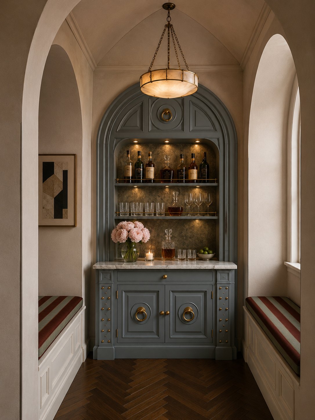 Arched bar nook with lit shelving and brass rails