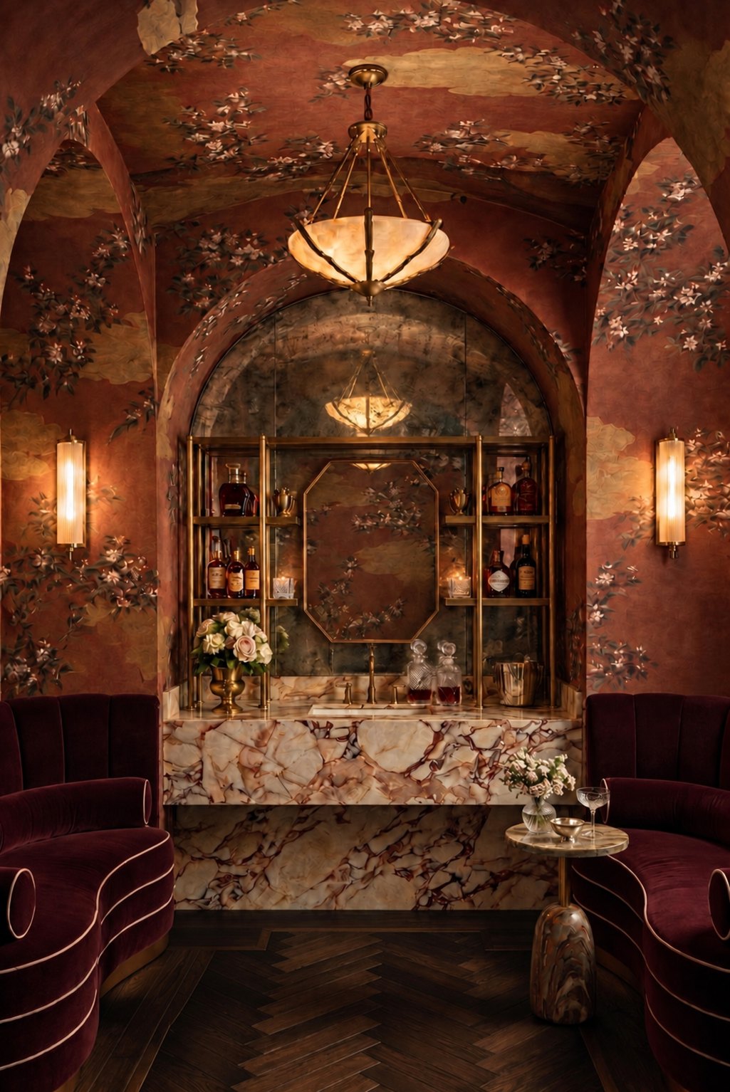 Vaulted home bar with chinoiserie walls, brass shelving and a breccia marble counter