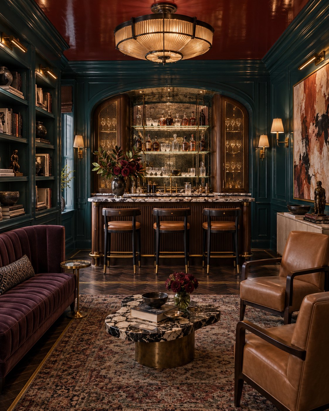 Home bar in deep blue and oxblood with brass shelving
