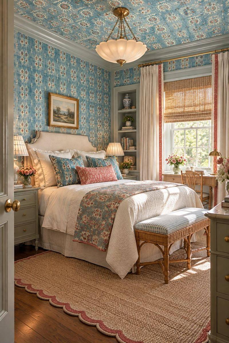 Blue botanical bedroom with the wallpaper carried over the ceiling, a white upholstered headboard, a floral quilt, a cane bench and a scalloped rug