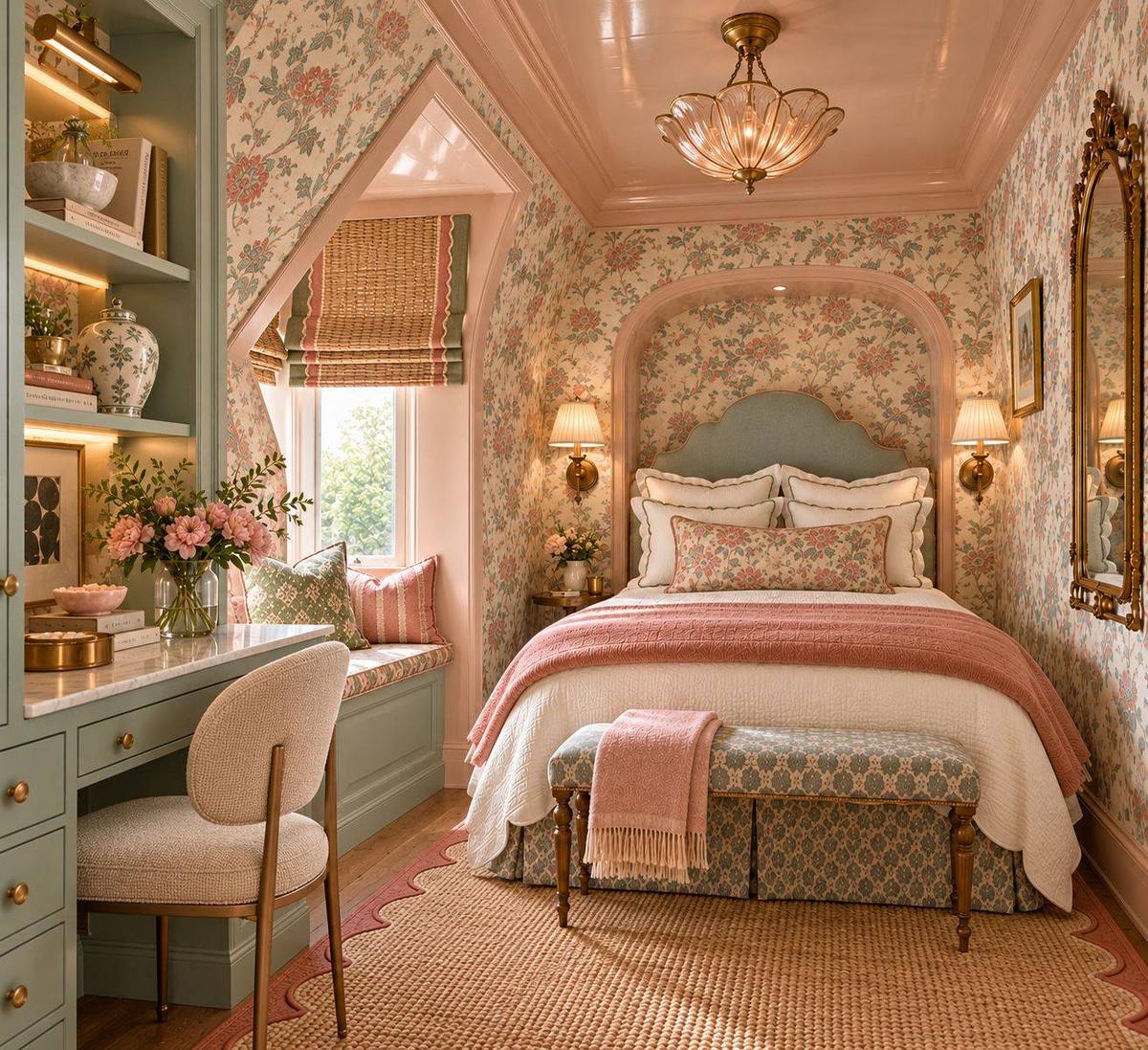 Small attic bedroom with pink and green floral wallpaper, a pink high-gloss ceiling, a sage upholstered headboard set in an arched alcove, brass sconces and a scalloped jute rug