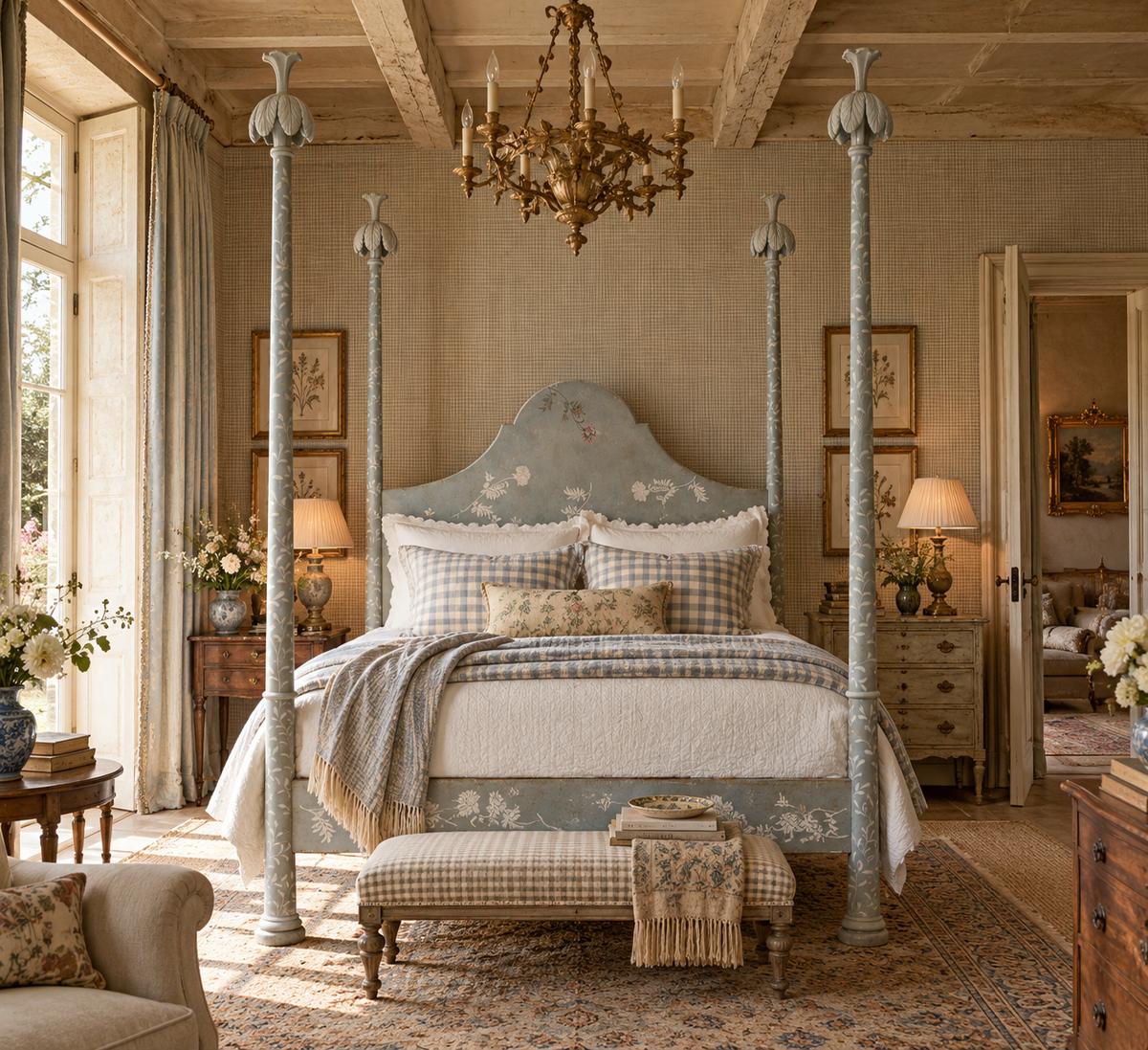 French country bedroom with a painted blue-gray four-poster bed, white linen and gingham pillows, a gilt chandelier, linen-textured walls and an antique rug