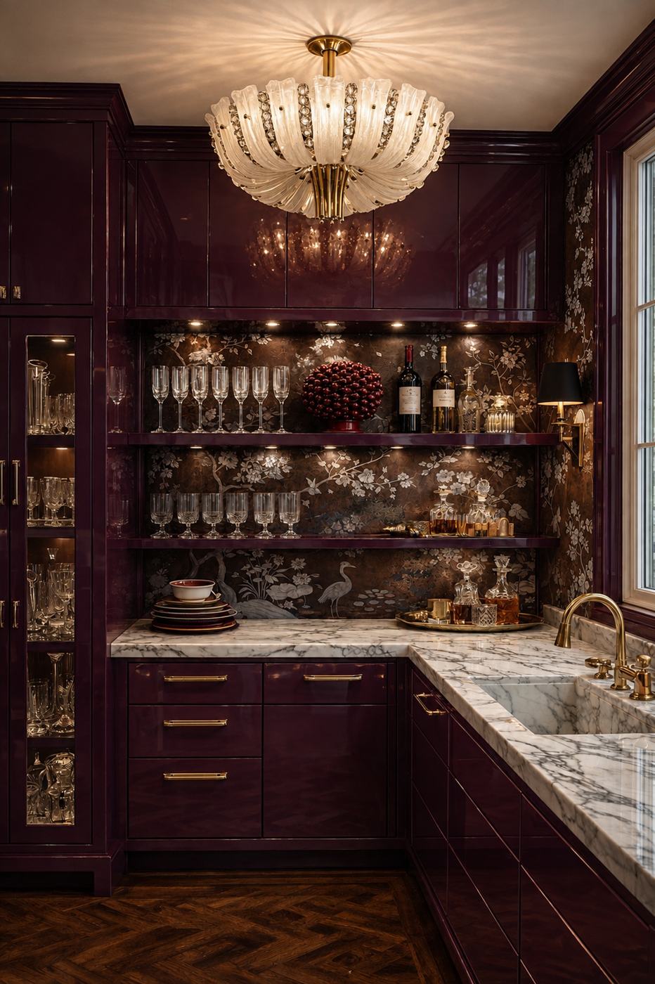 Home bar and kitchen with high-gloss plum burgundy cabinets, white marble counters, brass hardware, lit open shelves with glassware and chinoiserie wallpaper