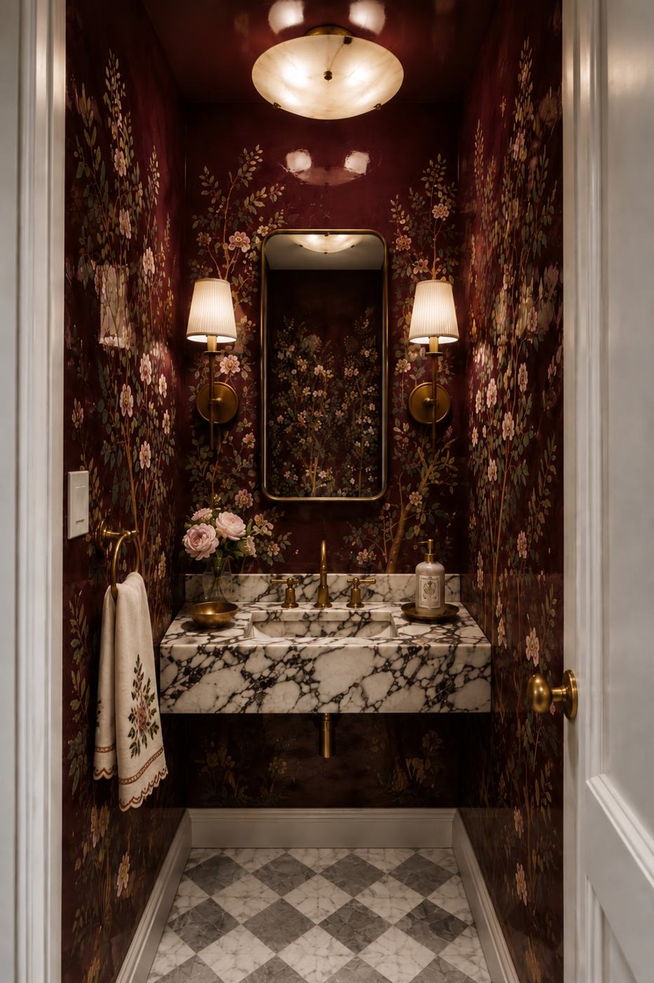 Small powder room with dark burgundy floral wallpaper, a burgundy high-gloss ceiling, a marble sink, brass sconces and a checkerboard marble floor