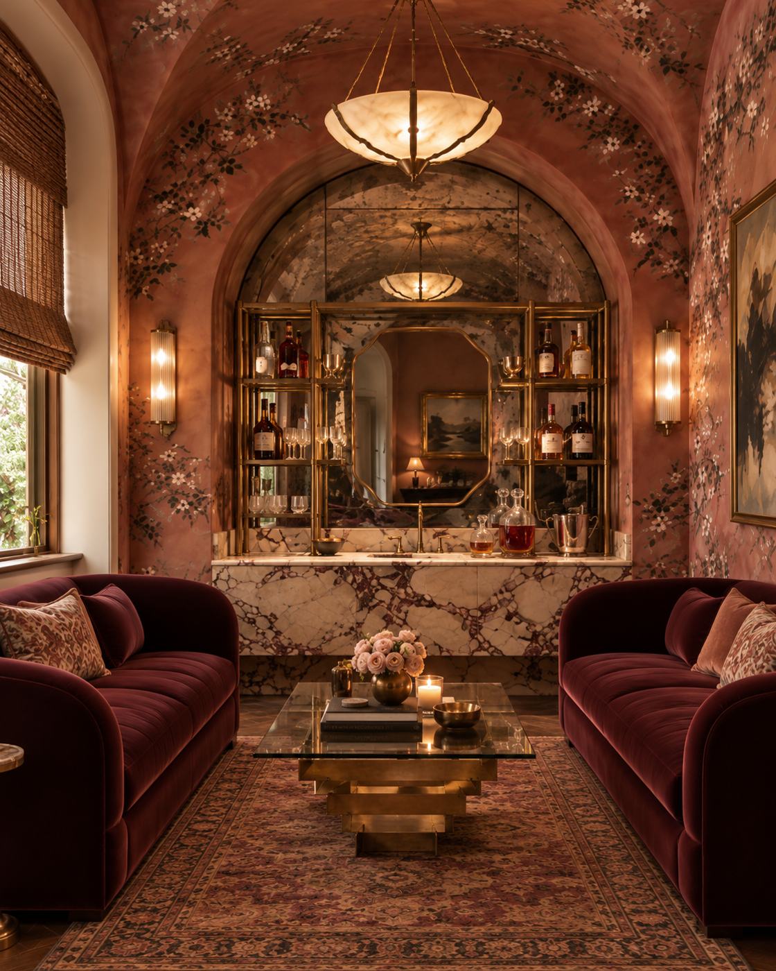 Home bar lounge with two burgundy velvet sofas, dusty rose blossom wallpaper over a vaulted ceiling, an arched antique-mirrored bar with brass shelving and purple-veined marble