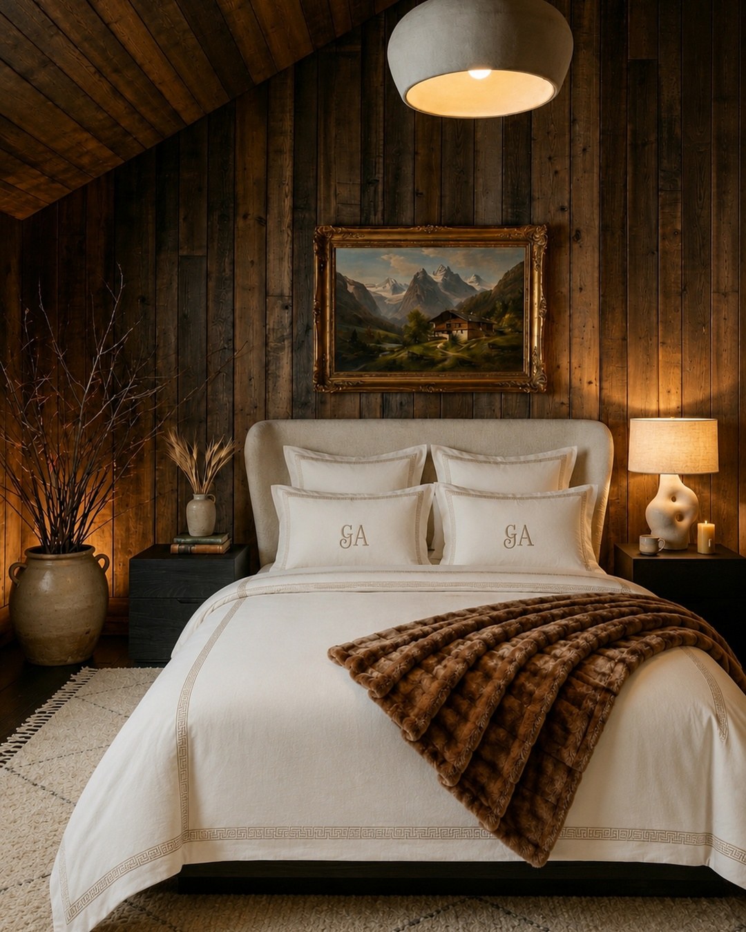 Bed dressed in white linen with a claret Greek key border and monogrammed shams