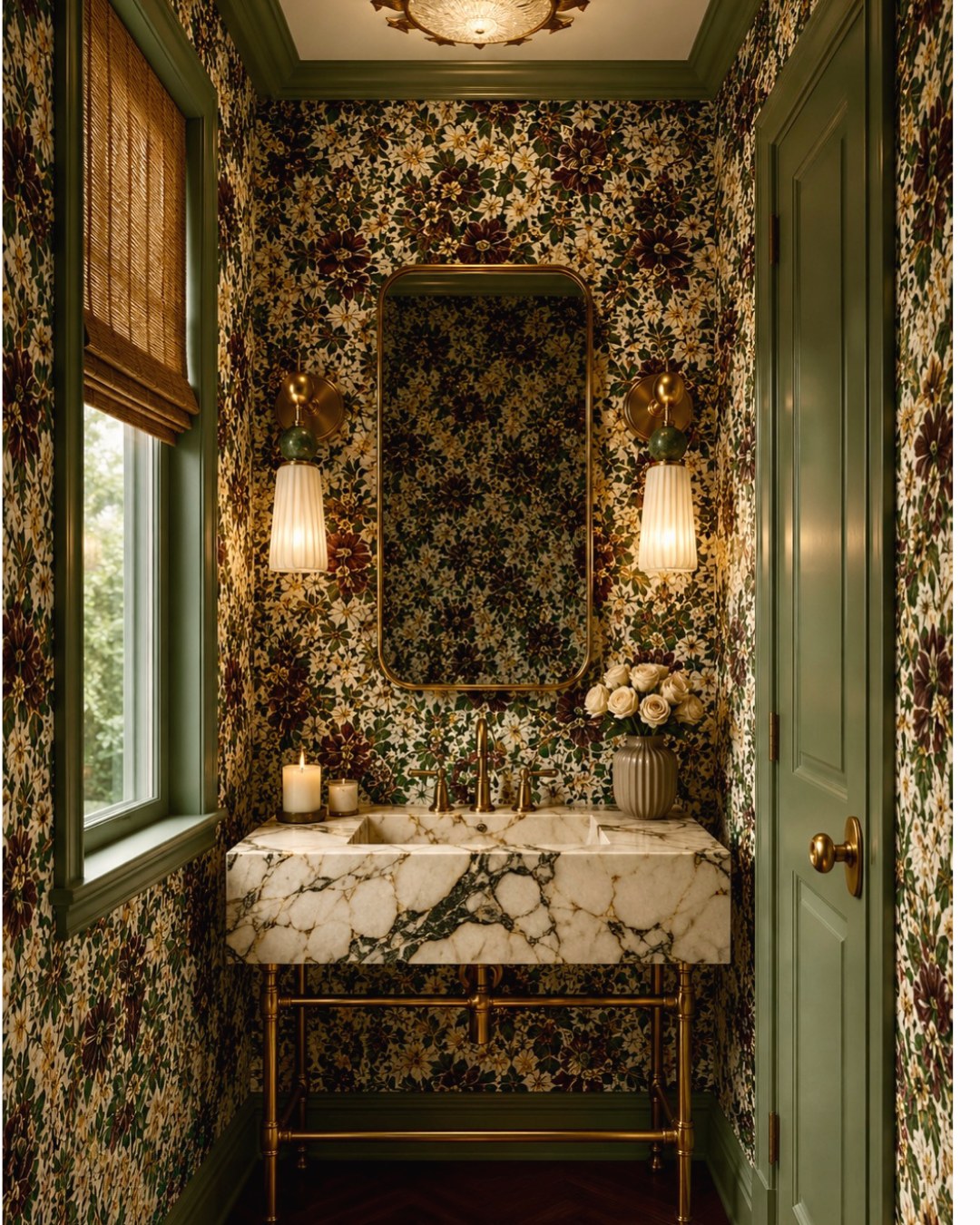 Powder room with dark floral wallpaper taken to the ceiling, trim painted to match, marble vanity on brass legs