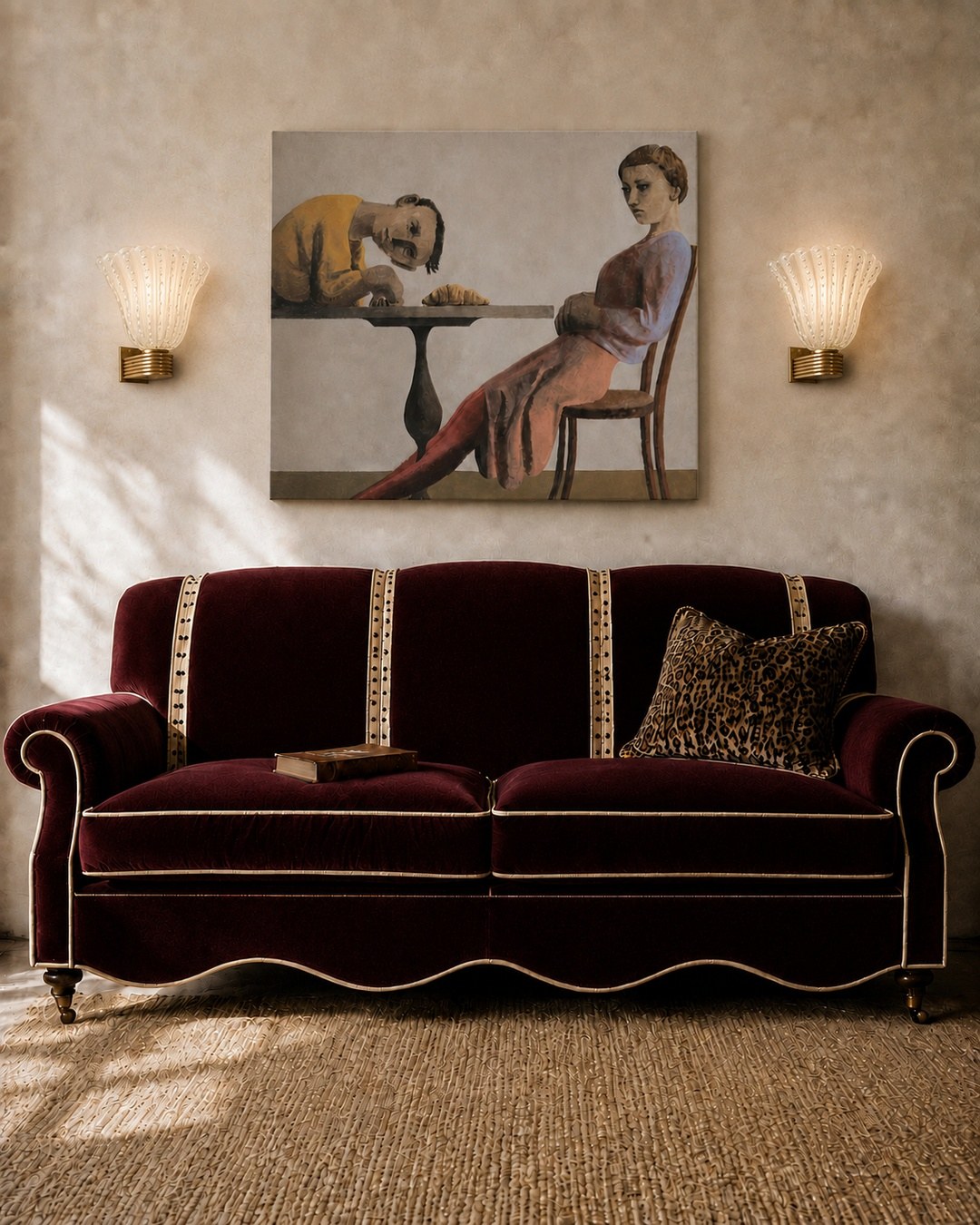 Oxblood velvet sofa with cream contrast piping, nailhead tape and a scalloped skirt