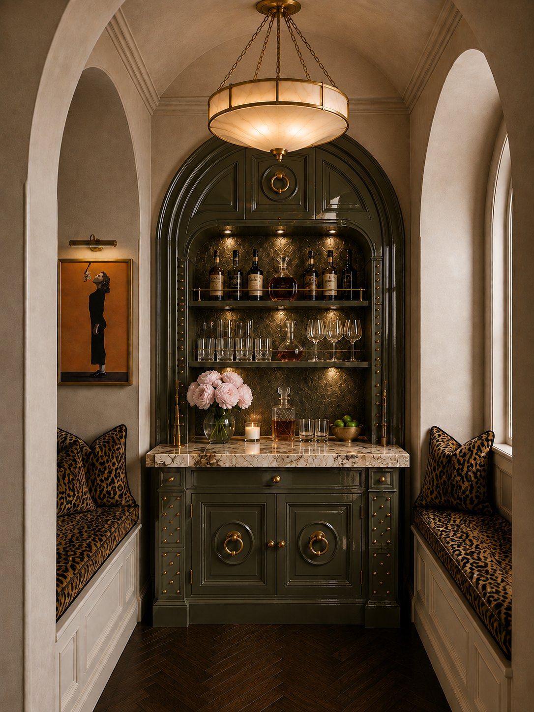 Home bar built into an arched alcove in olive lacquer, with lit shelving, brass ring pulls and a marble counter