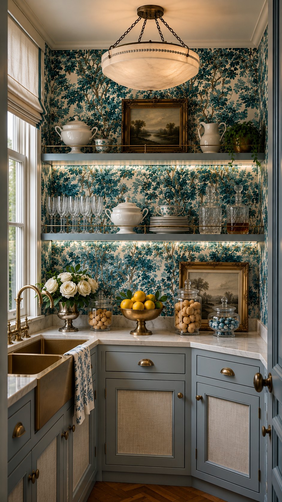 Butler&rsquo;s pantry with teal floral wallpaper, lit shelving, brass sink and marble counter
