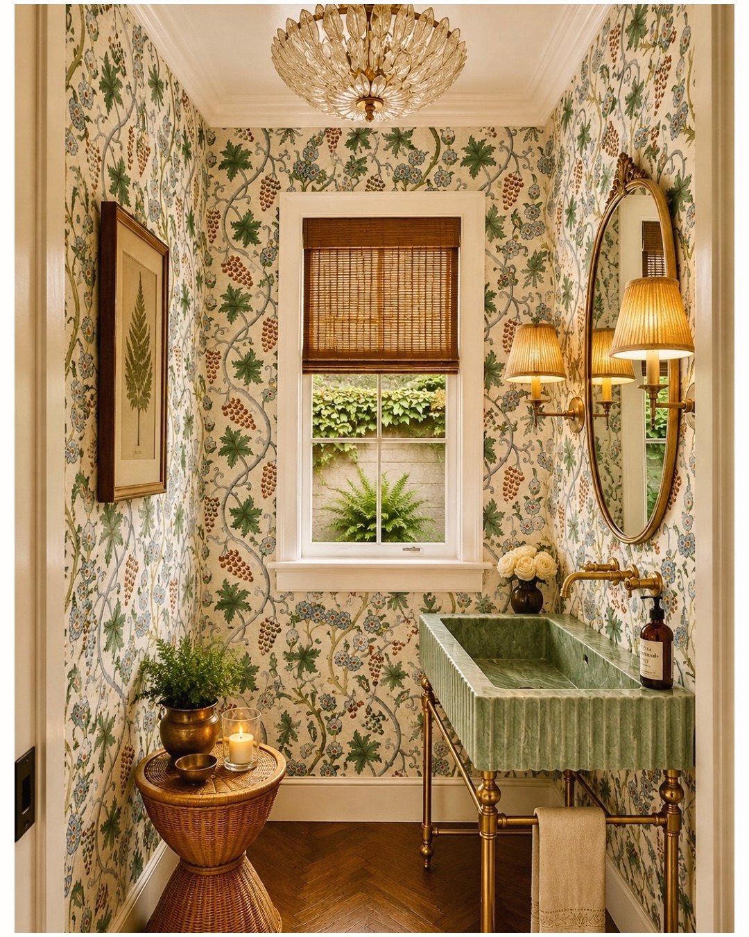 Powder room lit by a pair of sconces at face height with pleated shades, warm lamplight on marble and brass