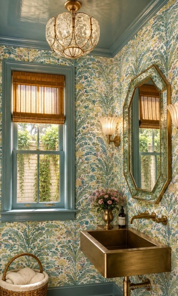 Small powder room with blue and green leaf wallpaper, and the window trim, crown and ceiling all lacquered in the same deep teal