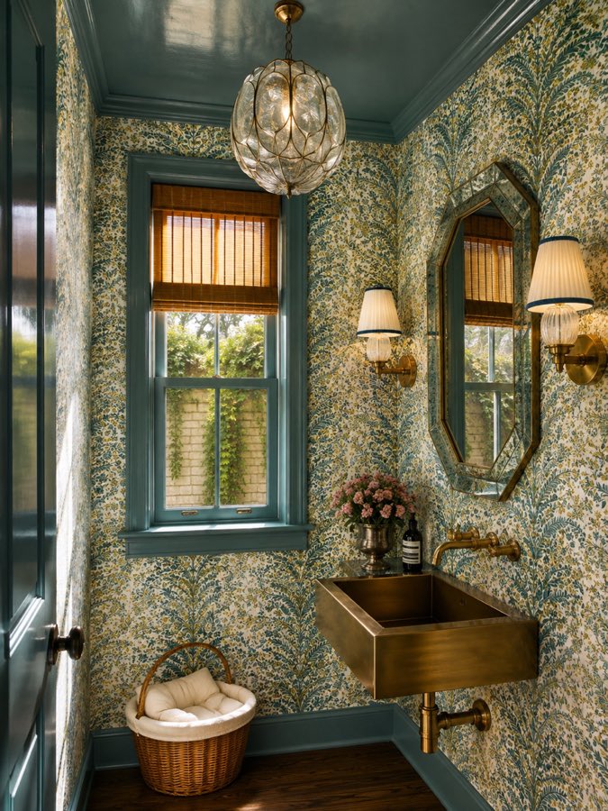 AI interior design of a blue botanical powder room with brass sink, designed from a photo