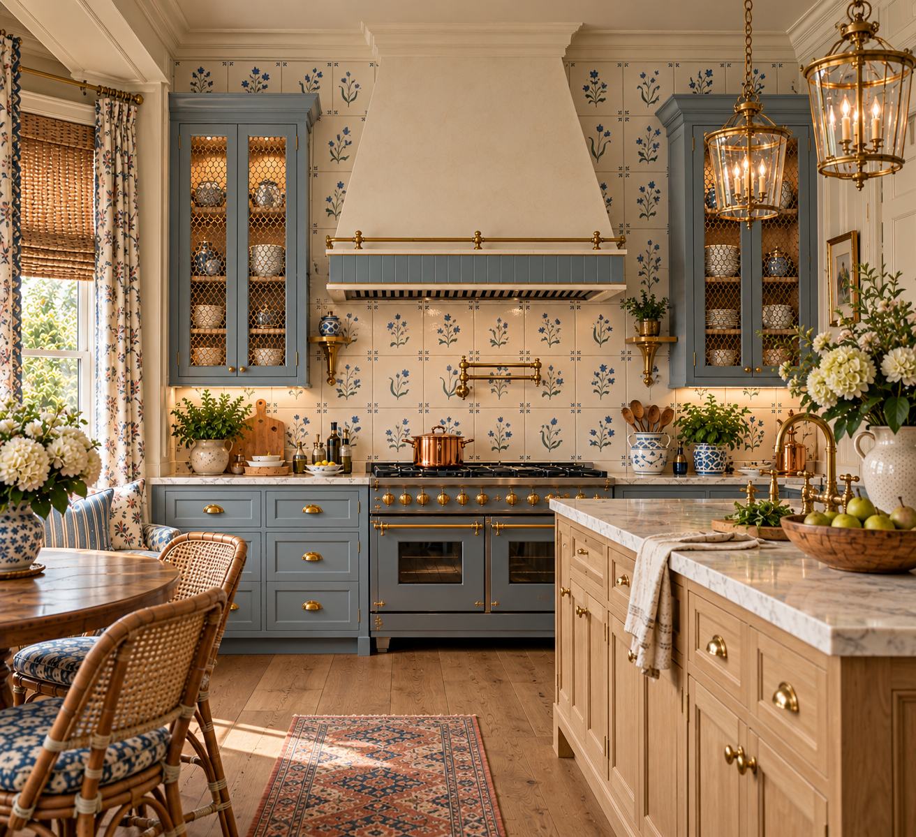 English and French country kitchen with blue-gray cabinets, blue and white tile, a cream range hood, brass lanterns, an oak island and rush chairs