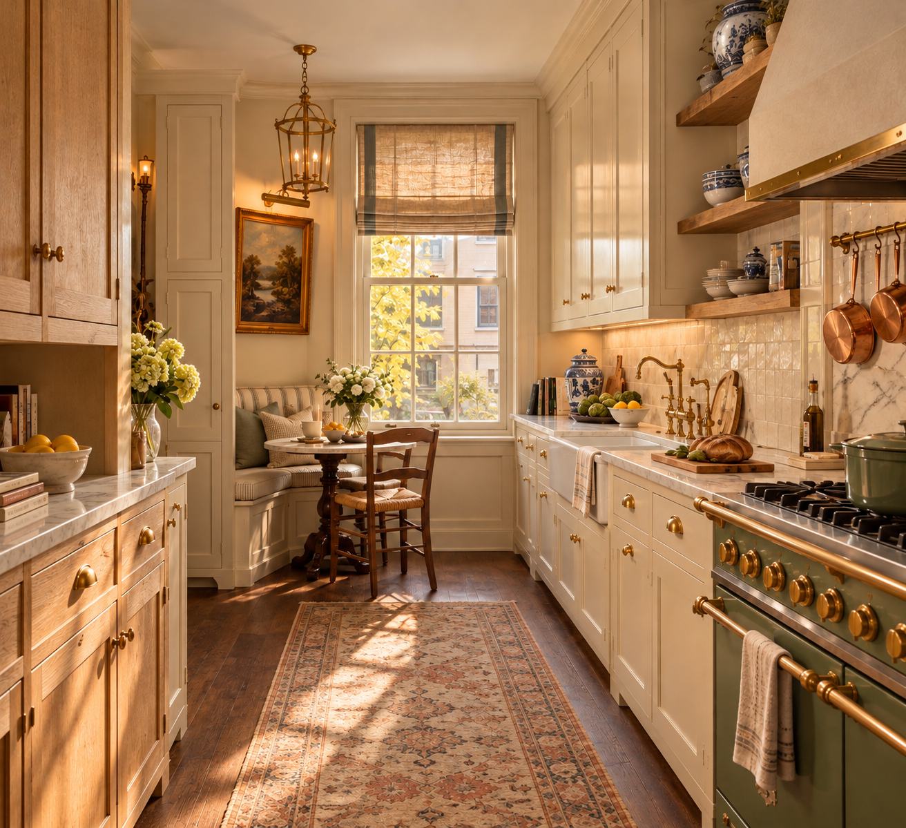 Warm French country galley kitchen with oak and cream cabinets, a green range, open shelves, copper pans, a breakfast nook and a vintage rug