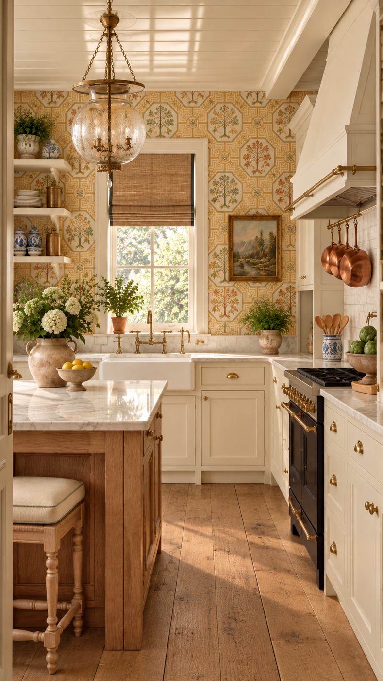 French country kitchen with ochre and green tree-of-life wallpaper, cream cabinets with brass hardware, a farmhouse sink, marble counters, an oak island, a black range and copper pans