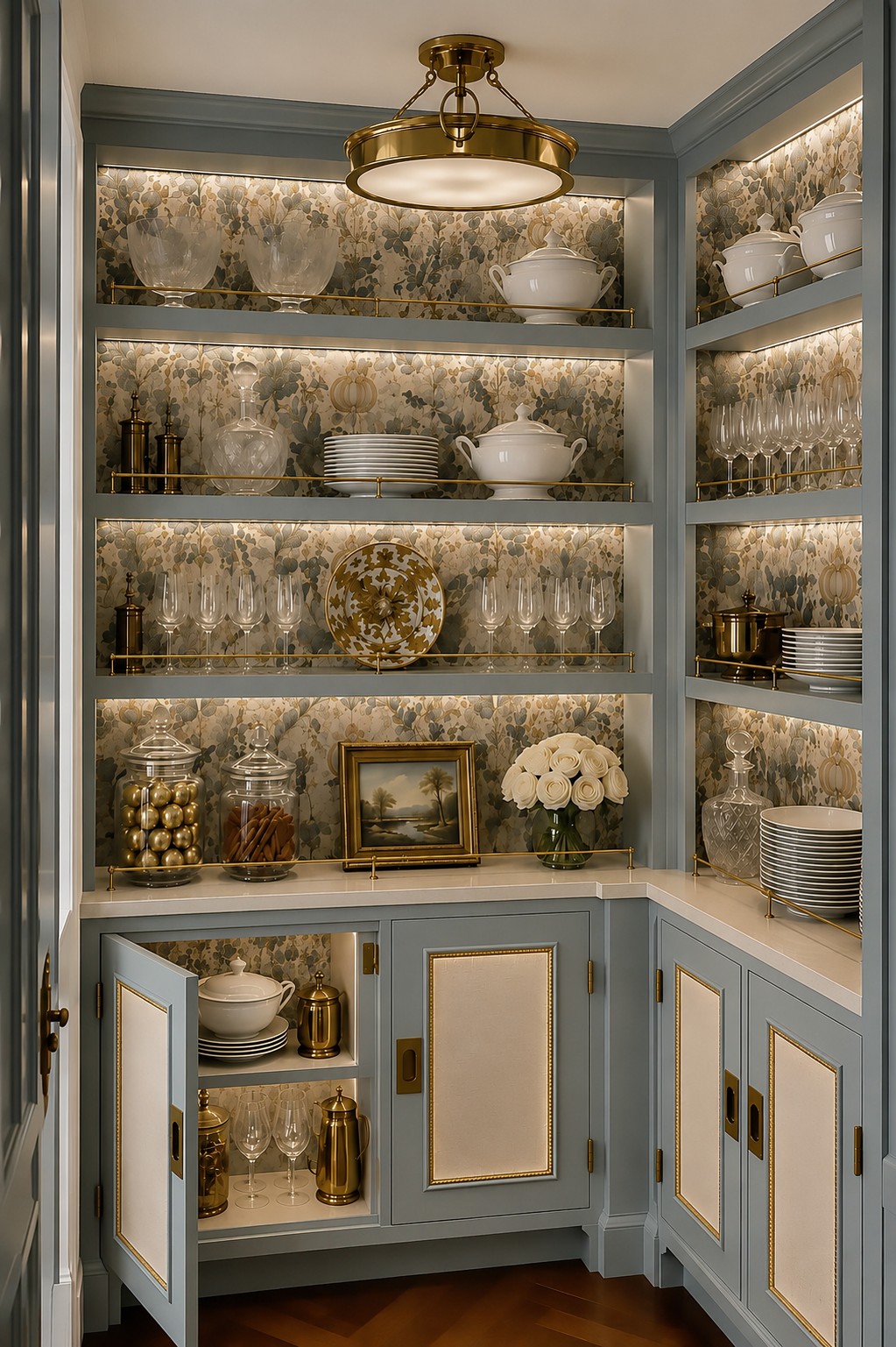 Blue-grey butler's pantry with lit shelving, brass gallery rails, floral wallpaper and linen-panelled cabinet doors — interior design by Grayson Alchemy