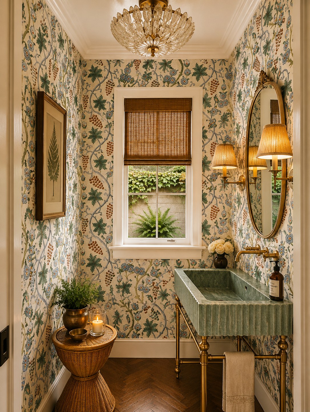 Powder room vanity — a fluted marble trough basin on slender brass legs with unlacquered brass taps
