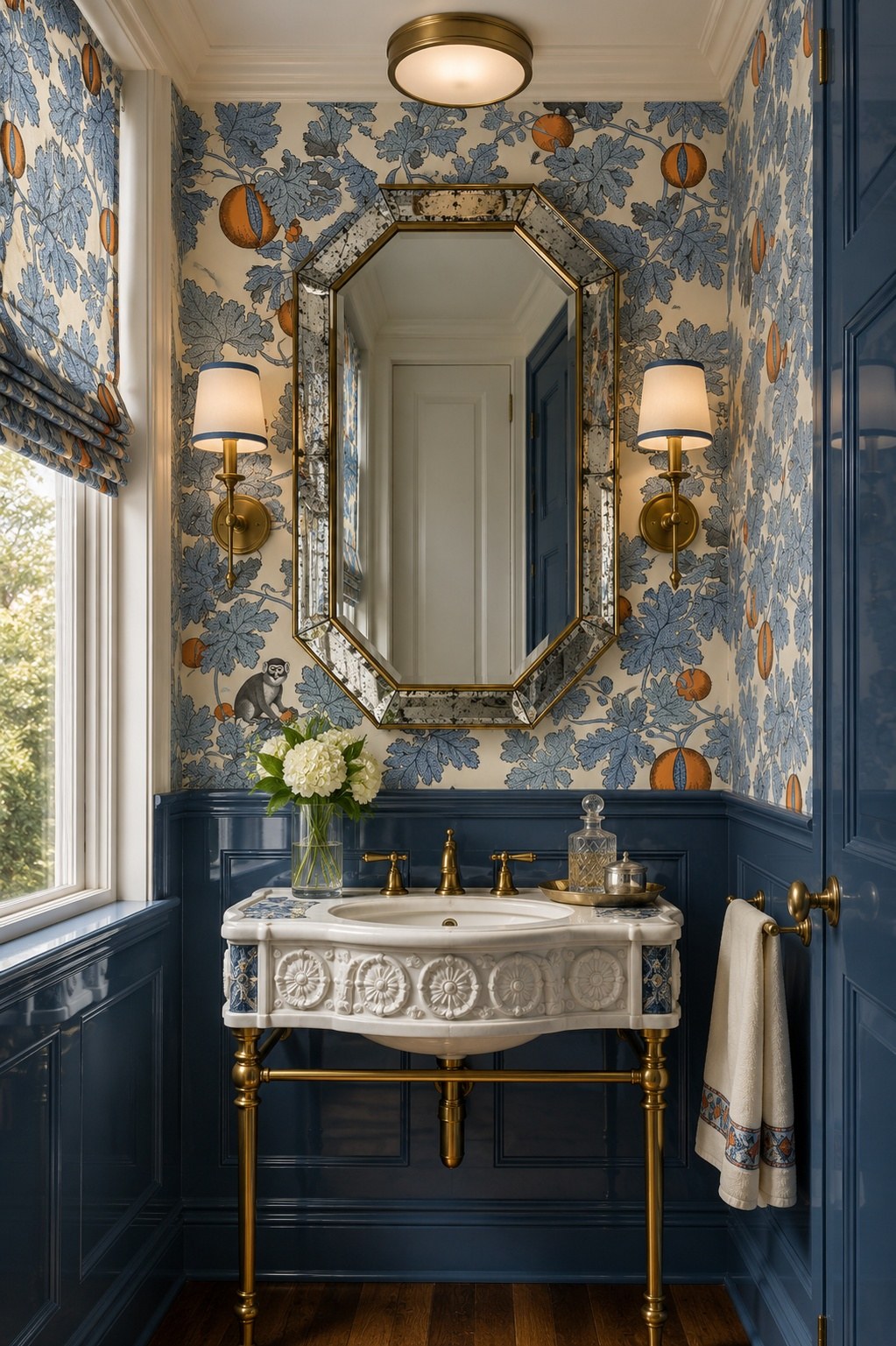 Blue powder room with patterned wallpaper, high-gloss panelling and brass sconces with pleated shades flanking the mirror