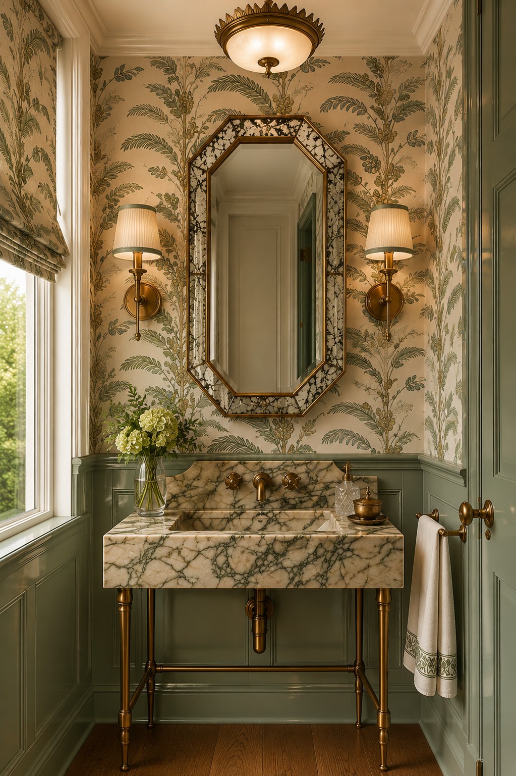 Powder room with botanical wallpaper, sage gloss wainscoting, brass sconces and a marble console basin — interior design by Grayson Alchemy