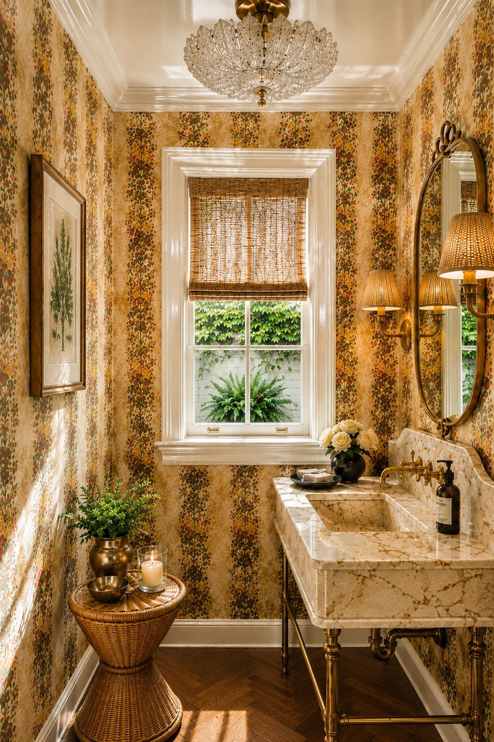 Small powder room with ochre floral wallpaper on every surface, bamboo blind, brass sconces and a marble vanity